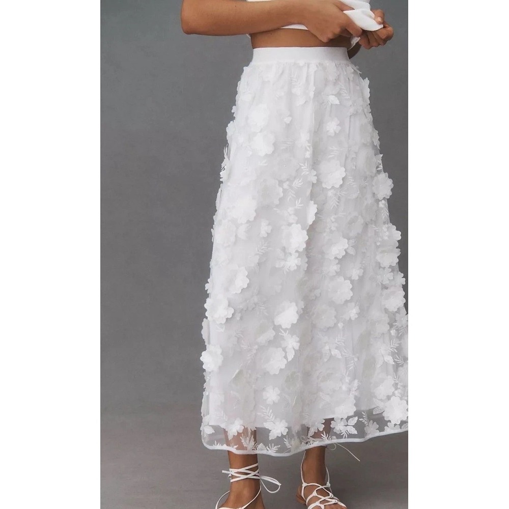 BHLDN Jones 3D Floral A Line Maxi Skirt Lined Elastic Waist Pull On White M NWTD